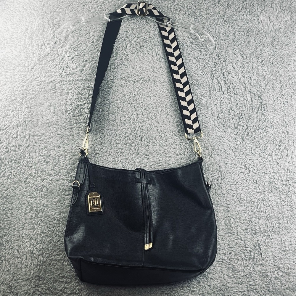 Lauren Ralph Lauren Black Pebbled Hobo Bag Woven Chevron Strap Gold Logo
